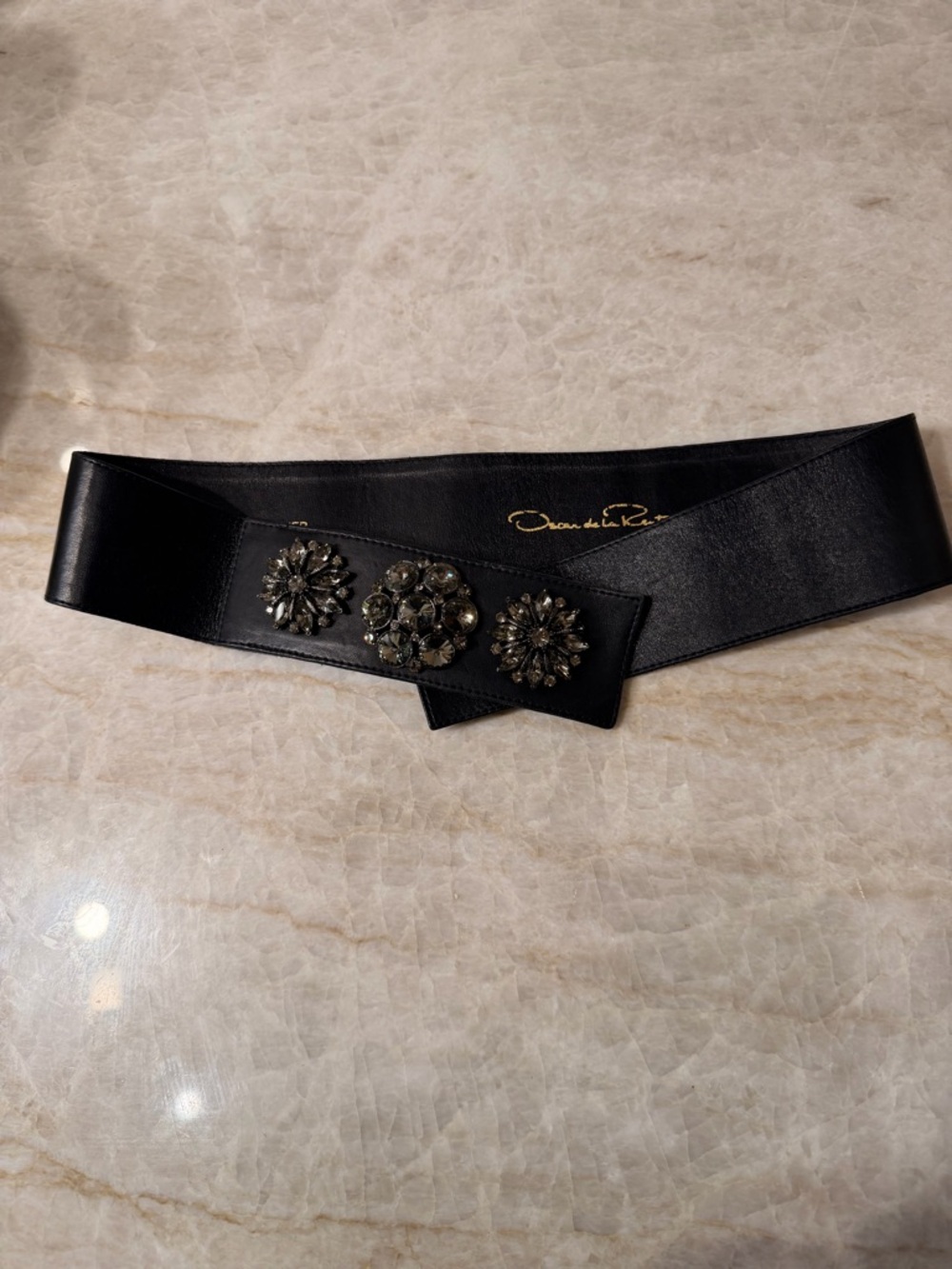Oscar de la Renta Black Leather Waist Belt with Crystal Floral Medallions